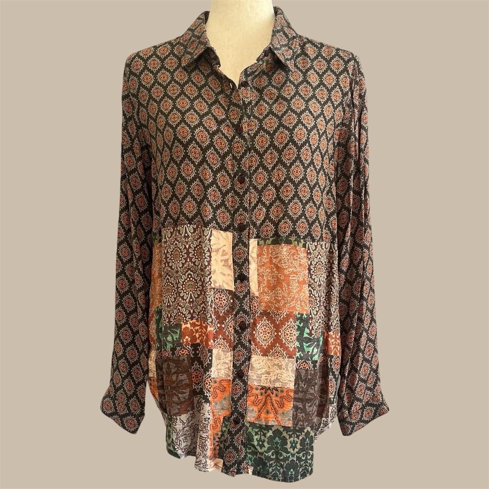 Tolani Boho Silk Collared Tunic Top Small Artsy Patchwork Block Print Warm Tones